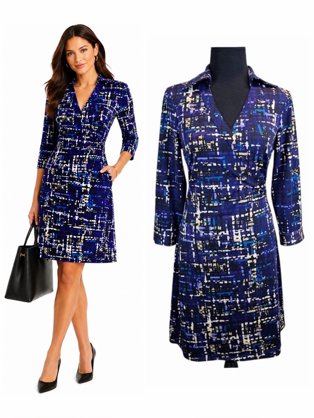 Julie Brown NYC Blue Abstract Wrap Dress Career Chic Stretch Size Small